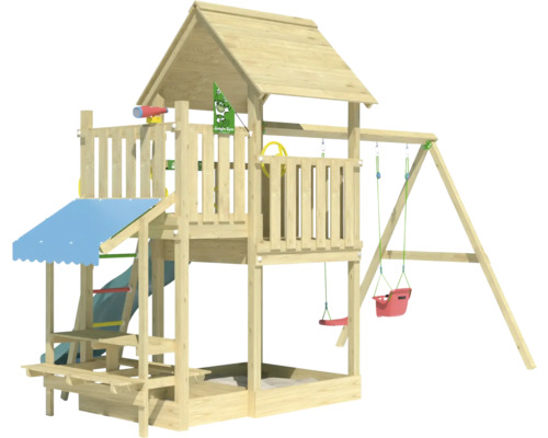 Spielturm aus Holz mit Rutsche, Schaukel und Sandkasten