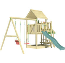 Holzspielturm mit Schaukel, Rutsche und Sandkasten