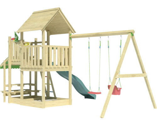 Spielturm mit Schaukel und Rutsche aus Holz