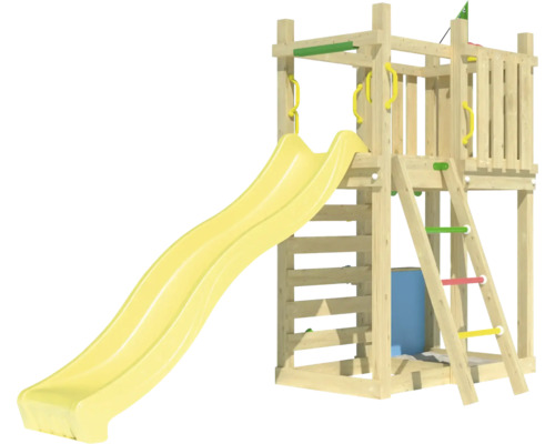 Spielturm aus Holz mit Rutsche, Leiter und Kletterelementen für den Garten