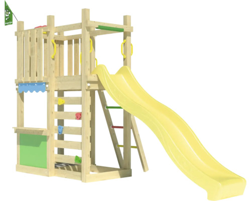 Kinderspielturm aus Holz mit Rutsche
