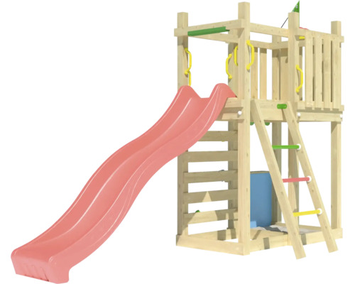 Spielturm aus Holz mit Rutsche, Leiter und Kletterstangen für den Garten