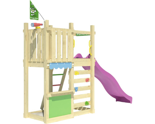 Spielturm aus Holz mit Rutsche, Kletterwand, Leiter und Flagge