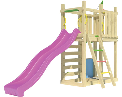 Spielturm mit Rutsche und Kletterleiter aus Holz