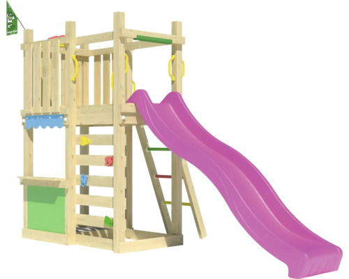 Spielturm mit Rutsche und Kletterwand aus Holz