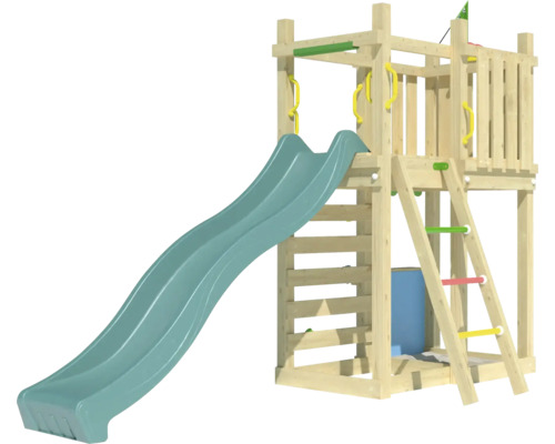 Holzspielturm mit Rutsche, Kletterwand und Leiter