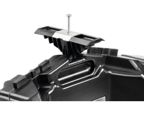 Detailansicht einer schwarzen Werkzeugkiste mit Schraube