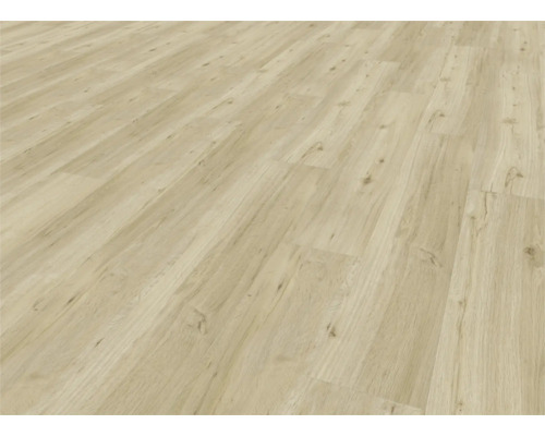 Bodenbelag aus hellem Vinyl mit Holzoptik.