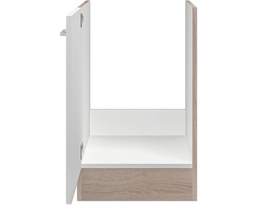 Inneneinrichtung eines Badezimmerschranks mit Holzelementen und weißer Oberfläche