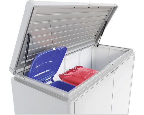 Mülltonnenbox mit geöffnetem Deckel und zwei Mülltonnen