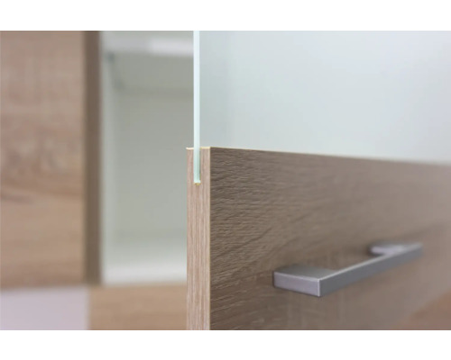 Detailansicht eines Möbels mit Glasfront und Griff