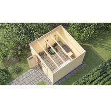 Gartenhaus mit Gartengeräten und Rasenmäher, Vogelperspektive