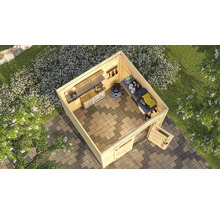 Ansicht von oben eines Gartenhauses mit Werkzeugen und Geräten