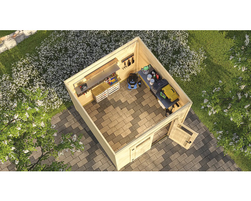 Ansicht von oben eines Gartenhauses mit Werkzeugen und Geräten