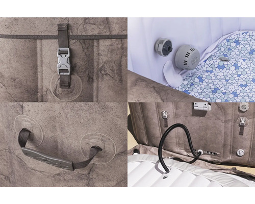 Detailansicht eines aufblasbaren Whirlpools mit Griff, Verschluss und Anschlüssen