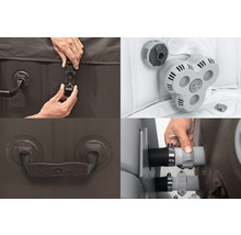 Detailansicht eines aufblasbaren Whirlpools mit Abdeckung, Pumpe, Tragegriff und Schlauchanschlüssen