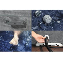 Detailansichten eines aufblasbaren Whirlpools mit Griff, Filter und Füßen im Wasser