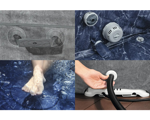 Detailansichten eines aufblasbaren Whirlpools mit Griff, Filter und Füßen im Wasser