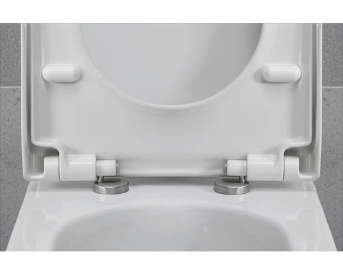 Aufgeklappter Toilettendeckel aus Sanitärkeramik mit Edelstahlscharnieren