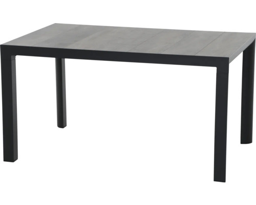 Rechteckiger Gartentisch mit Tischplatte in Holzoptik und dunklem Gestell