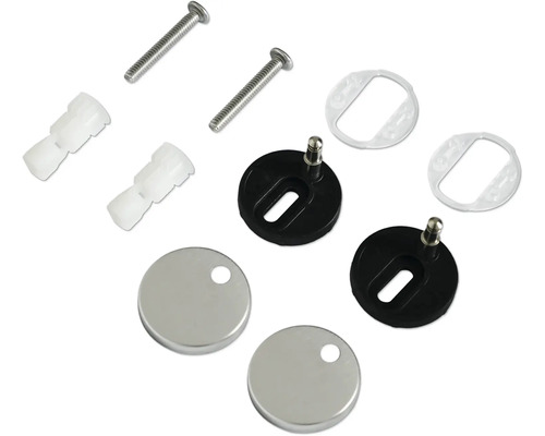 Befestigungsset für WC-Sitze, bestehend aus Schrauben, Dübeln und Abdeckungen