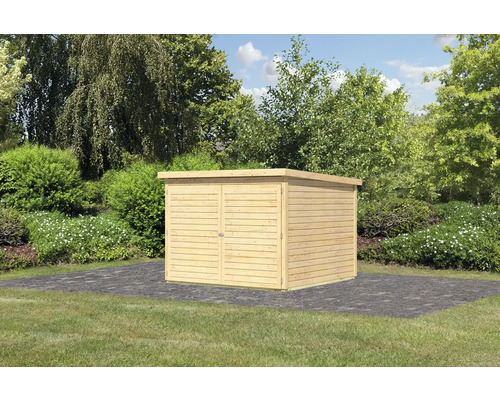 Holzgartenhaus mit Doppeltür im Garten.