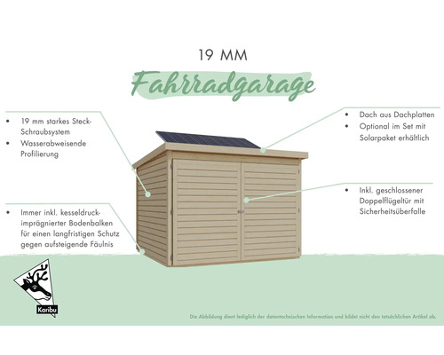 Fahrradgarage aus Holz mit Doppeltür und Solaranlage auf dem Dach