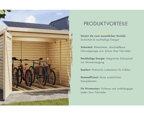 Fahrradgarage aus Holz mit Solaranlage zur Stromerzeugung und Fahrrädern