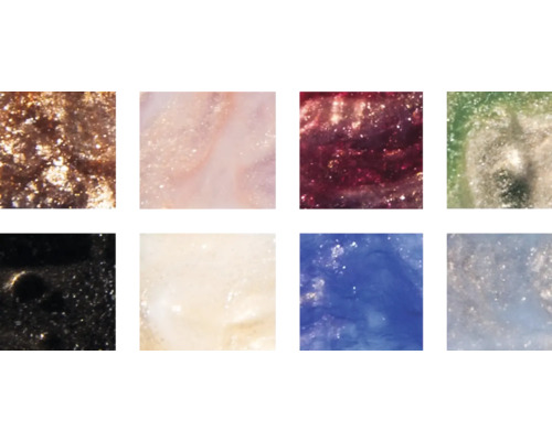 Nahaufnahme von Farbmustern mit Glitzerpartikeln