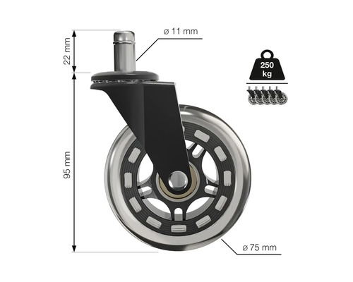 Stuhlrolle mit den Maßen 95 mm Höhe und 75 mm Durchmesser, Traglast 250 kg