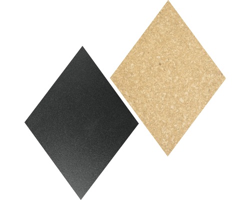 Kreidetafel & Korkpinntafel Form Diamant 7 Stk. inkl. Pinnadeln & Kreidestift Zwei quadratische Platten aus Kork und Schiefer