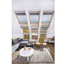 Wohnzimmer mit Dachfenstern, Sofa, Sessel und Tischen