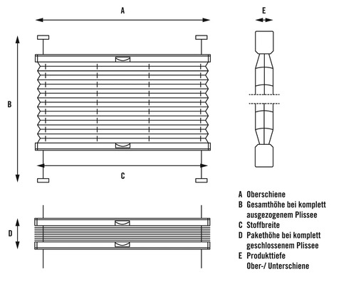 Diagramm eines Plissees mit Maßangaben