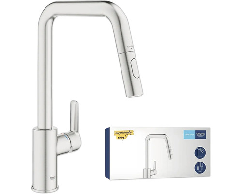 Küchenarmatur mit herausziehbarer Spülbrause und Produktverpackung