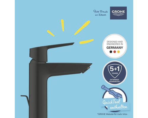 Schwarze Waschtischarmatur mit den Logos Grohe, Hergestellt in Deutschland, 5 plus 1 Jahre Garantie und QuickTool inklusive.