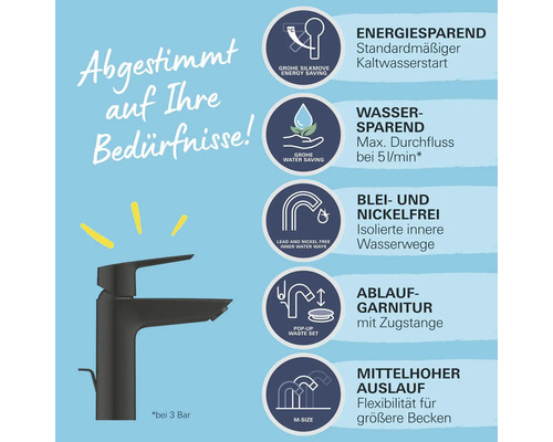 Produktinformationen zu einer schwarzen Armatur, die energiesparend, wassersparend, blei- und nickelfrei ist, sowie eine Ablaufgarnitur und einen mittelhohen Auslauf besitzt.