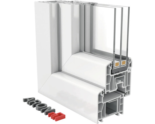 Querschnitt eines Kunststofffensters mit Dreifachverglasung