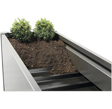 Detailansicht eines bepflanzten Hochbeets mit Erde und Pflanzen.
