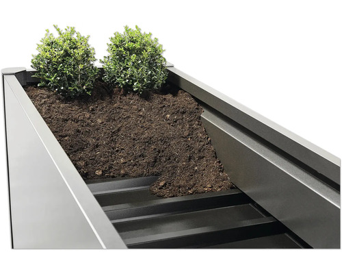 Detailansicht eines bepflanzten Hochbeets mit Erde und Pflanzen.