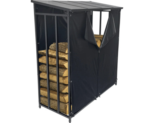Brennholzregal mit Abdeckung und gestapeltem Brennholz