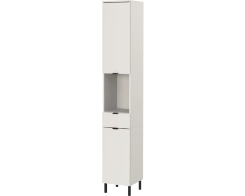 Hoher Badezimmerschrank mit Tür, offenem Fach und Schublade