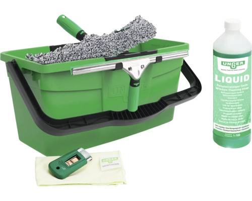 Eimer, Fensterwischer, Abzieher, Fensterreiniger und Reinigungstuch für die Fensterreinigung