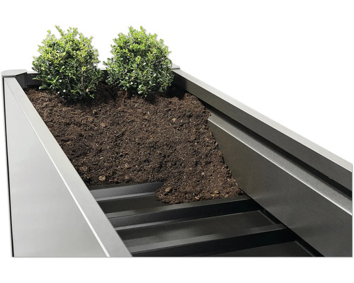 Detailansicht eines bepflanzten Hochbeets mit Erde und Pflanzen