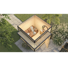 Außenansicht eines modernen Gartenhauses mit Sitzgelegenheit und Dekoration