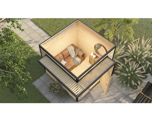Außenansicht eines modernen Gartenhauses mit Sitzgelegenheit und Dekoration