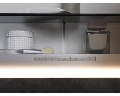 Detailaufnahme eines beleuchteten Badezimmerschranks mit Kosmetikprodukten