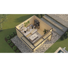 Gartenhaus mit Sitzgruppe, Regalen und Gartendekoration in angelegter Umgebung