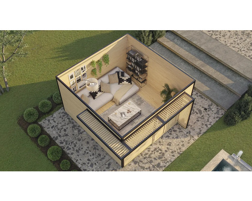 Gartenhaus mit Sitzgruppe, Regalen und Gartendekoration in angelegter Umgebung