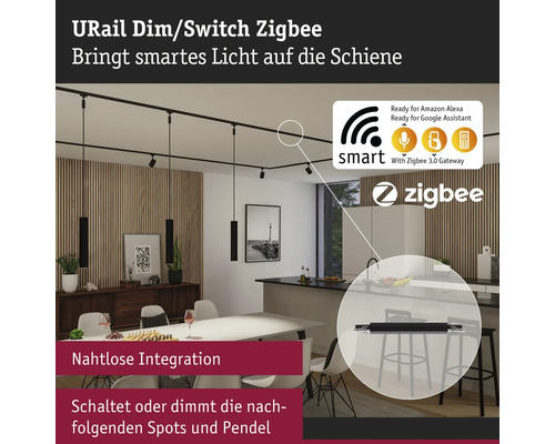 URail Dimm Switch Zigbee in einem Wohnraum mit Esstisch und Küchenzeile
