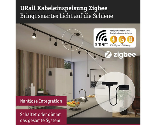 URail Kabeleinspeisung Zigbee in einem modernen Küchenraum mit Holzwand